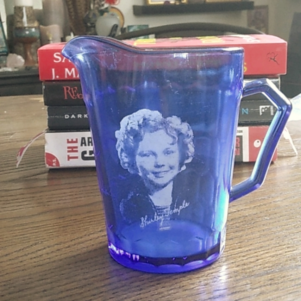 Shirley Temple Vintage Cobalt Blue Hazel Atlas Glass Milk Pitcher 1934-1942